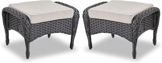 Belord Outdoor Ottomans for Patio Foot Rest - 25 Inch PE Wicker Foot Stool Set of 2 with Removable Cushions for Patio Furniture Sets,All Weather Rattan Ottoman for Balcony Deck Backyard Black