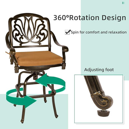 VIVIJASON 3-Piece Patio Swivel Bar Stools Set, All Weather Cast Aluminum Outdoor Bar Height Bistro Set with 2 Cushioned Bar Chairs & 35.4" High Bar Table w/Umbrella Hole for Backyard, Lawn, Garden