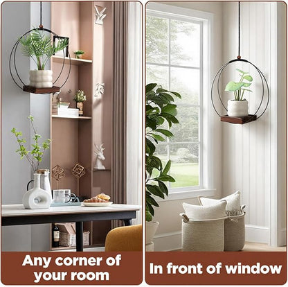 2 Pack Hanging Planters for Indoor Outdoor Plants, 12 Inch Sturdy Wood Base Metal Plant Hanger Modern Boho Minimalist Flower Pot Holder Basket Wall Ceiling Window Stands Home Wall Decor