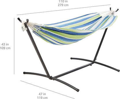 Amazon Basics Double Hammock with 9-Foot Space Saving Steel Stand and Carrying Case, 2 Person, 450 lb Capacity, Cotton Polyester, Oasis Stripe, 110" x 47" x 43"