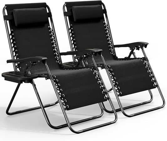 Nestl Zero Gravity Chairs Set of 2, Patio Lounge Chair Outdoor with Pillows & Cup Holder Trays, Adjustable Steel Mesh Reclining Camping Chair, Folding Patio Lawn Chair for Deck, Beach, Yard - Black