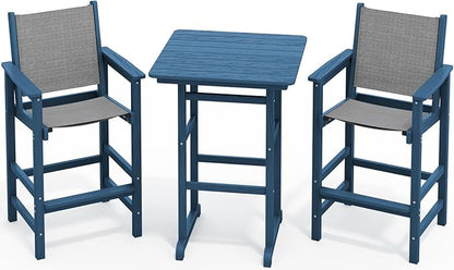 SERWALL 3 Pieces Textilene Adirondack Bar Set, Tall Adirondack Bar Height Chairs with Bar Table, Sling Balcony Adirondack Chairs, Weather Resistance Resin Outdoor Bar Height Stools, Blue