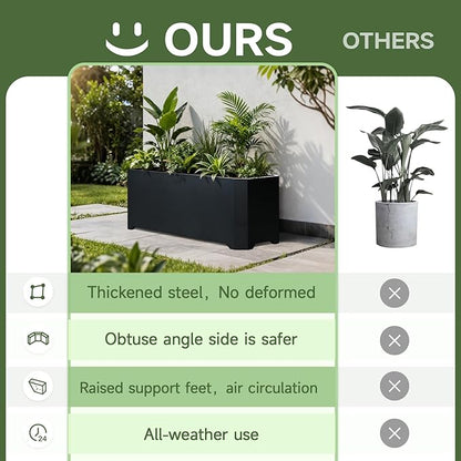 Steel Planter Box-32"x15"x15"-Rectangular Planters for Outdoor Plants, Black Matel Planter Box Raised Support Feet for Patio, Deck, Garden, Yard, Drain Holes, Easy Assembly