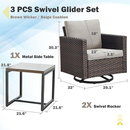 Belord Outdoor Bistro Set 3 Piece Wicker Swivel Rocker Patio Chairs, Oversize Outdoor Rattan Seating Set, Patio Swivel Glider Chairs Wicker Furniture with Metal Side Table for Porch Backyard, Brown
