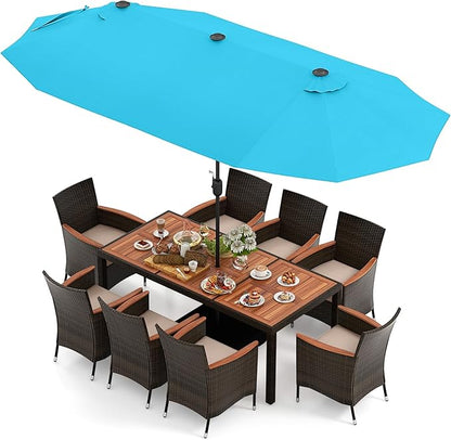 Tangkula 11 Piece Rattan Outdoor Dining Set with 15Ft Patio Umbrella for 8, Outdoor Wicker Table Set with 8 Cushioned Armchairs, Acacia Wood Top, Outdoor Umbrella with Base Included