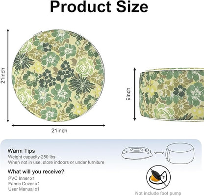 Inflatable Ottoman Stool D21 xH9 for Outdoor/Indoor Use, Water Repellent Patio Foot Rest with Portable Handle,Round Pouf Ottoman Suitable for Garden,Deck and Camping-Green Rose
