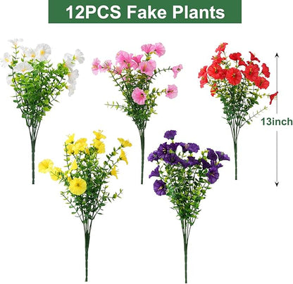 Artificial Flowers for Outdoors, UV Resistant Fake Silk Morning Glory, Realistic Faux Plants for Outside Porch Patio Window Box Hanging Planter (12, Purple White Yellow Pink Red)