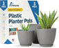 Gray Plant Pots with Drainage Holes & Saucers 3 Pack, Indoor & Outdoor Stackable Space-Saving Planters for Houseplants & Flowers, (7", 6.7", and 6" Inches), Durable & Weatherproof Materials