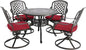 Cast Aluminum Outdoor Patio Dining Set, All Weather Outdoor Furniture Dining Set for Patio, Balcony, Lawn, Garden, Backyard (1 Round Table+4 Red Swivel Dining Chairs)