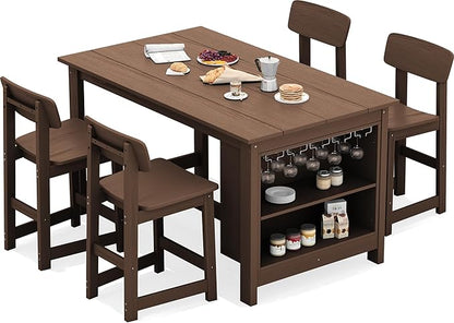 SERWALL Outdoor Bar Table and Chairs Set, 5-Piece HDPE Counter Height Patio Dining Sets with Storage and Wine Rack, Rectangular High Top Bar Table with 4 Bar Stools for Garden, Backyard, Brown