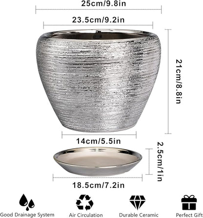 Flower Pot - 10 Inch Planter with Drainage Hole and Saucer - Indoor/Outdoor Decorative Mid-Century Planter - Silver