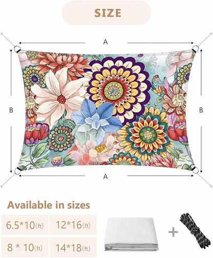 Sun Shade Sail 8'x10' Boho Floral Rectangle Sun Shade Sails Canopy Waterproof Mandala Flowers Plant Outdoor Sunshades Sand UV Block Cover Shade Cloth for Patio Backyard Garden Deck Porch Lawn