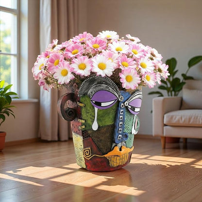 Picasso Abstract Face Flower Pot,Unique Resin Crafted Planter with Drainage Holes,Interesting Colorful Planter with Human face,for Indoor and Outdoor Botanical Home décor (Tears)
