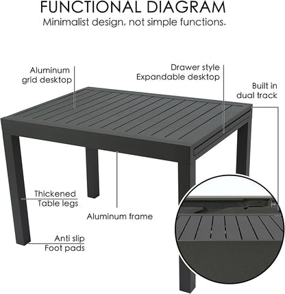 Kozyard Villa Expandable Patio Dining Table - Adjustable, Aluminum Outdoor Furniture for 4-6 Person, Perfect for Backyard, Porch, Deck, Garden - Dark Grey, 43"- 86"