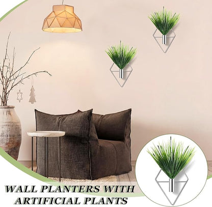 8 Pieces Silver Wall Decor Hanging Planters with Artificial Plants Metal Vase Indoor Aquatic Plant Holder Modern Geometric Wall Art for Home Bathroom Bedroom Living Room Office