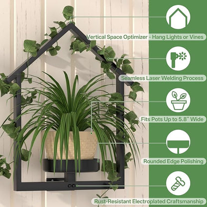 Wall Planters for Indoor Plants with Lights, 2 Pack House Shape Plant Shelves, Anti-Rust Hanging Wall Plant Holder with Warm Light for Home Decor Indoor Outdoor, Entryway Housewarming/Wedding