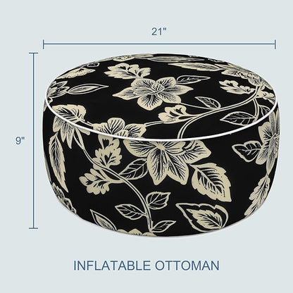 LVTXIII Indoor/Outdoor Inflatable Ottoman with Handle D21 x H9 Inch, Weather-Resistant Round Footstool Pouf for Patio Camping Living Room, Portable Footrest Extra Seating, Elegant Vines Black
