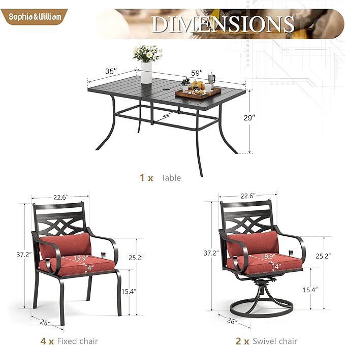 Sophia and William Outdoor Patio Dining Set for 6, Outdoor Table and Chairs, Removable Red Seat Cushions, 4 Fixed，2 Swivel Chairs, 60" Black Patio Dining Table,Red