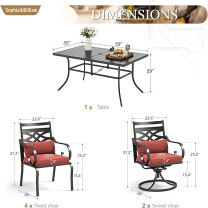 Sophia and William Outdoor Patio Dining Set for 6, Outdoor Table and Chairs, Removable Red Seat Cushions, 4 Fixed，2 Swivel Chairs, 60" Black Patio Dining Table,Red