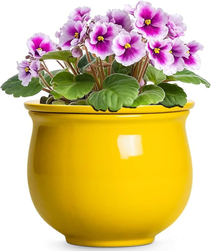 Ceramic Self Watering Planters, 6 Inch African Violet Pots for Indoor Outdoor Plants, Ceramic Plant Pot with Absorbent Inner Pot, Round Flower Pots, Living Room Decor, Gifts for Women, Yellow