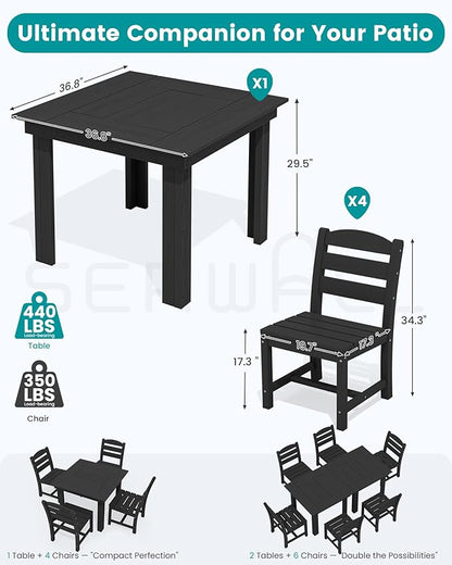 SERWALL Outdoor Dining Set for 4, HDPE Square Table and Chairs Set All Weather Patio Dining Set with 4 Armless Chairs for Patio, Black