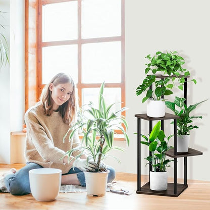 4 Tier Plant Stand Indoor, Thickened Metal Wood Corner Plant Shelf Stands for Multiple Plants, Indoor Tall Plants Stand Tiered Flower Holder for Living Room Patio Garden Balcony(Black+Oak)
