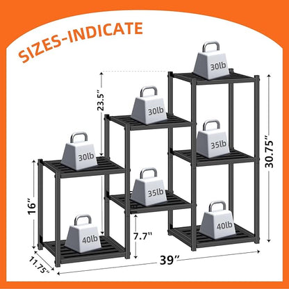Simple Trending Plant Stand Indoor Outdoor, Heavy Duty Metal Waterproof 7 Tiered Plant Shelf for Multiple Flower Planter Holder Tall Large Rack, Black