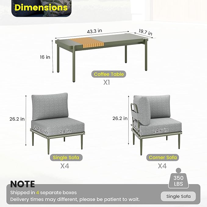 Sundale Outdoor 9 Pieces Patio Furniture Set, U-Shaped Outdoor Sectional Sofa with 6 Inch Olefin Cushion and Coffee Table, Modern Metal Outdoor Conversation Sets for Backyard, Poolside