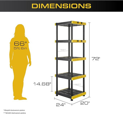 BLACK & YELLOW 5-Tier Heavy Duty Plastic Storage Shelving Unit, 5 Shelves Support up to 100lb/shelf, Organization and Storage, Weather-Resistant Design, Easy Assembly, American Made (72H x 24W x 20D)