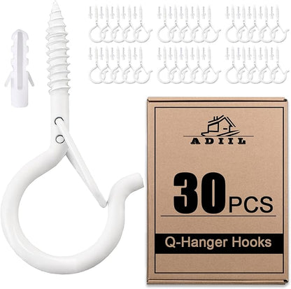 ADIIL 30 PCS Q Hanger Hooks with Safety Buckle, Windproof Screw Hooks for Hanging Outdoor String Lights, Plants, Christmas Patio Lights, 2.2 Inches, White