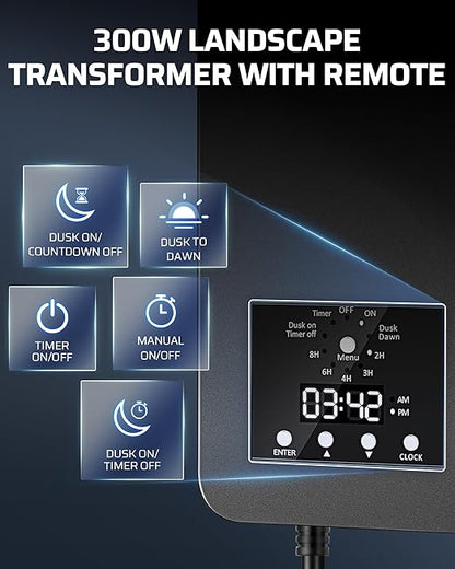DEWENWILS 300W Low Voltage Landscape Transformer, 120V AC to 15V DC, Outdoor Landscape Lighting Transformer with Remote, Photocell Sensor & Timer, Weatherproof for Garden Spotlights Pathway Lights
