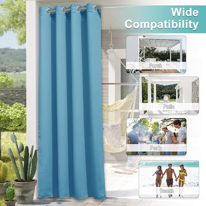 NICETOWN Outdoor Curtains for Patio Waterproof Set of 2, Silver Stainless Steel Grommet Blackout Weighted Outdoor Indoor Drapes Thermal Insulated for Balcony/Pool, W52 x L84, Teal Blue