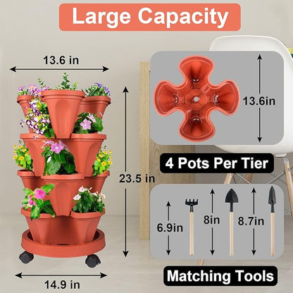 DUNCHATY Stackable Planters 4 Tier Vertical Garden Planting Tower Planters Strawberry, Herb, Flower, and Vegetable Planter Indoor Outdoor Gardening Pots with Removable Wheels and Tools, 2 Bundle