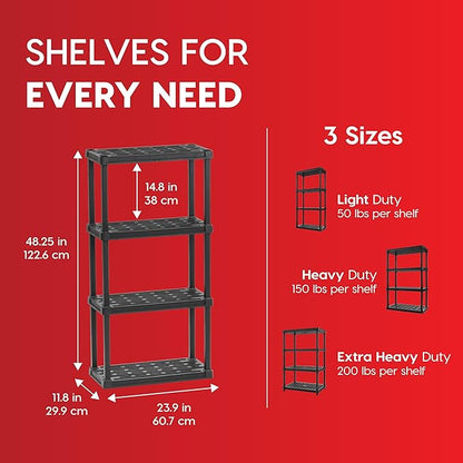 IRIS USA 4-Shelf Light Duty Plastic Storage Shelves, 200lb Capacity, 48" H x 24" W x 12" D, Medium Modular Shelving Unit Storage Organizer for Bathroom, Laundry, Garage & Home, Storage Rack - Black