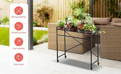 Zhongma 1 Tier Sturdy Metal Plant Stand with Wheels, 40.5x16x40.4 in High, Heavy Duty Succulent Shelf for Home Indoor and Outdoor, 220 LBS Capacity & Heavy Duty Construction