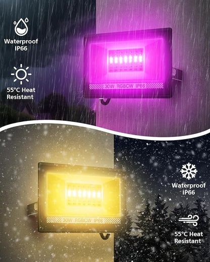 T-SUN Christmas LED Flood Light, 30W RGBCW Dimmable Outdoor Smart Lights, Color Changing LED Light with Remote & APP Control Waterproof Up Lights, Music Sync Stage Spot Light for House, Party (4 Pack)
