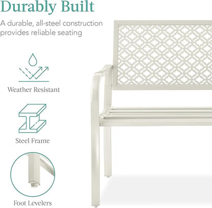 Best Choice Products Outdoor Bench 2-Person Metal Steel Benches Furniture for Garden, Patio, Porch, Entryway w/Geometric Backrest, 790lb Capacity - Ivory