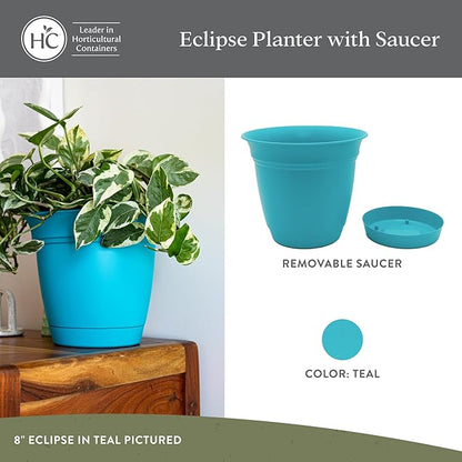 The HC Companies 8 Inch Eclipse Round Planter Pots with Drainage Holes & Attached Saucer, Lightweight UV-Resistant Plastic Indoor & Outdoor Planters, 4-Pack Flower Pots for Garden & Home Decor, Teal