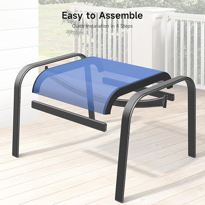 ONBRILL Outdoor Ottoman Set of 2, All Weather Outdoor Foot Stool with Supportive Textliene and Metal Frame, Stackable Oversized Outdoor Foot Rest for Furniture Patio Garden Pool, Blue
