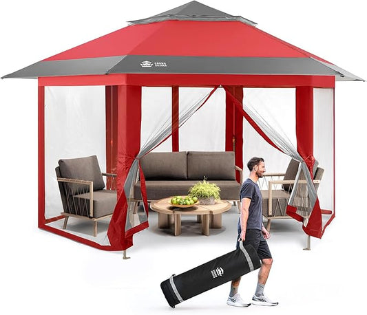 CROWN SHADES 13x13 Pop Up Gazebo with Mosquito Nettings, Patented Center Lock 6-Sided Portable Gazebo, 300D Silver-Coated Fabric UV Resistant, Pop Up Canopy Tent for Patio, Party, Red&Grey