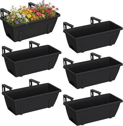 CADUKE 6 PCS Railing Planter Boxes, Black Planter Boxes with Adjustable Bracket, 17 Inch Deck Rail Planters for Outdoor Plants, Flower Pots for Balcony Garden Decor
