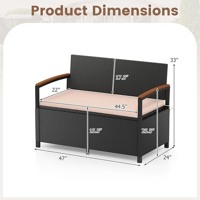 Outdoor Storage Bench 46 Gallon Black Beige PE Rattan Loveseat