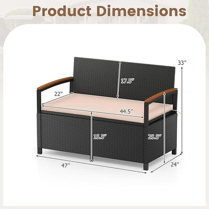 Outdoor Storage Bench 46 Gallon Black Beige PE Rattan Loveseat