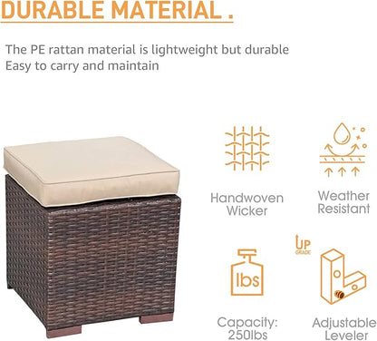 Patiorama 2 Pieces Assembled Outdoor Patio Ottoman, Indoor Outdoor All-Weather Dark Brown Wicker Rattan Outdoor Footstool Footrest Seat with Beige Cushions, No Assembly Required