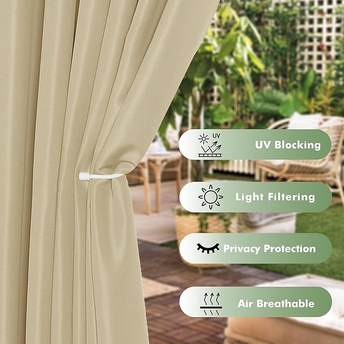 HolidayIdeas Waterproof Outdoor Curtains for Patio, 6 Panels - 54x120 Inches - Weatherproof Privacy Outsides Curtains for Backyard Porch Gazebo, Sunlight & UV Blocking (Cream, Grommet Top)
