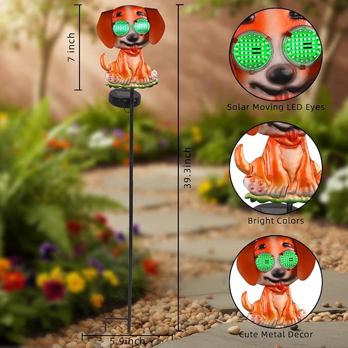 Dog Solar Garden Stakes with Cute Moving Eyeball Lights for Outdoor Yard Patio Decor, 39.3" Dog Solar Lights Outdoor Metal Garden Decor for Outside
