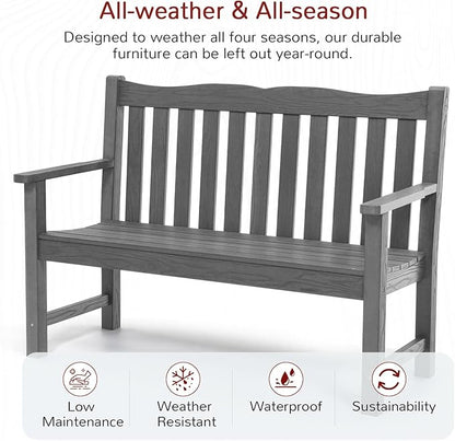 Stoog Outdoor Bench, 2-Person Garden Benches for Outdoors, Waterproof HIPS Patio Bench with 800 lbs Weight Capacity, Never Rot or Fade, Grey