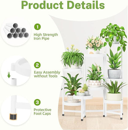 iDavosic.ly 8 Tier Folding Plant Stand Indoor Outdoor with Plastic Tray, Tiered Corner Flower Holder Shelf, Metal Orchid Display Rack for Patio Porch Living Room Garden Balcony, White