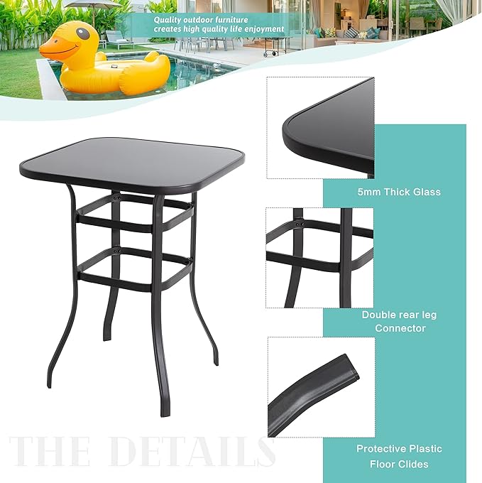 Vongrasig 3 Piece Patio Swivel Bar Set, All Weather Mental Textilene High Swivel Stools Chair Set of 2 and Glass Bar Table, Outdoor High Top Bistro Set for Lawn Garden, Balcony, Taupe