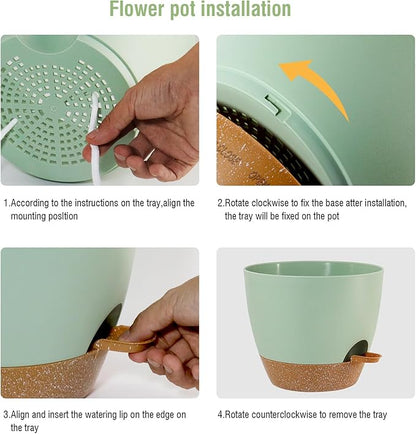 10/9/8 inch Self Watering Pots, Planter, Plant Pots with Mesh Drainage Holes for Indoor Outdoor Garden Plants, Plastic Flower Pots with Deep Reservoir for House Plants, Green with Brown